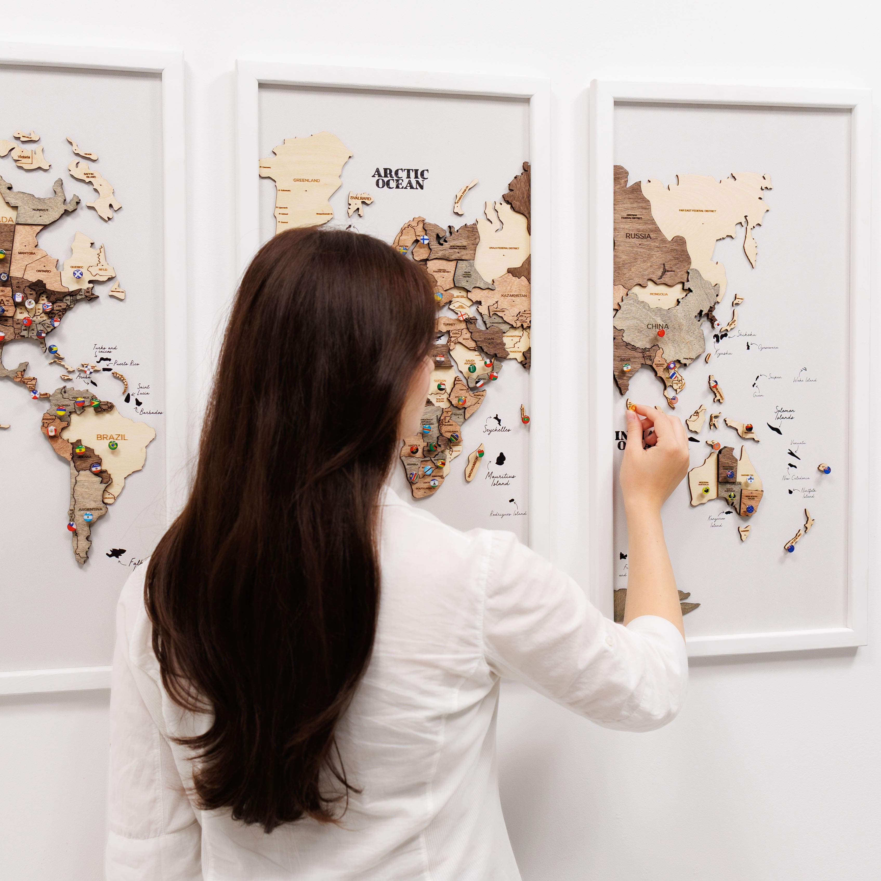 Triptych Wooden World Map Wall Art in Smokey Finish