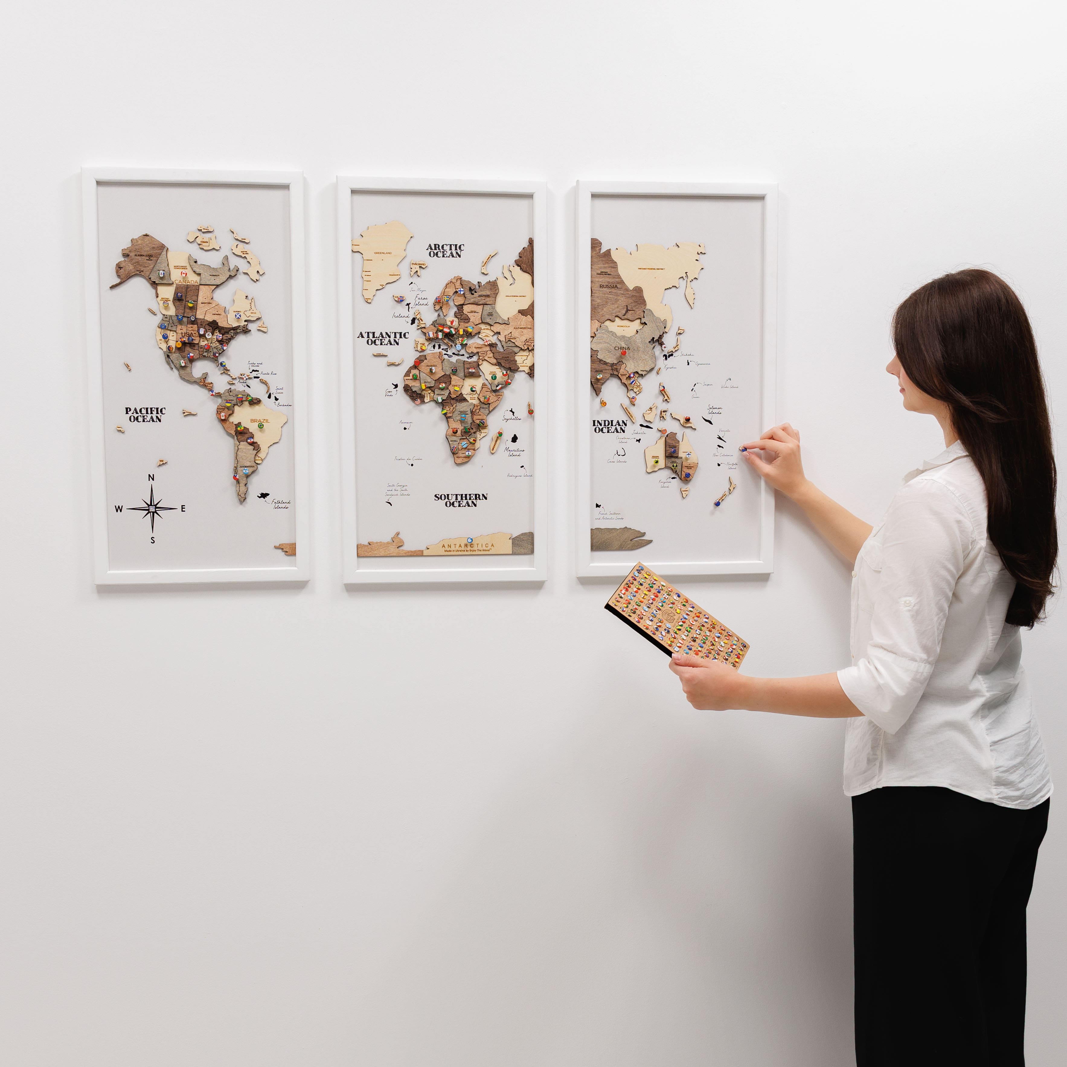Triptych Wooden World Map Wall Art in Smokey Finish
