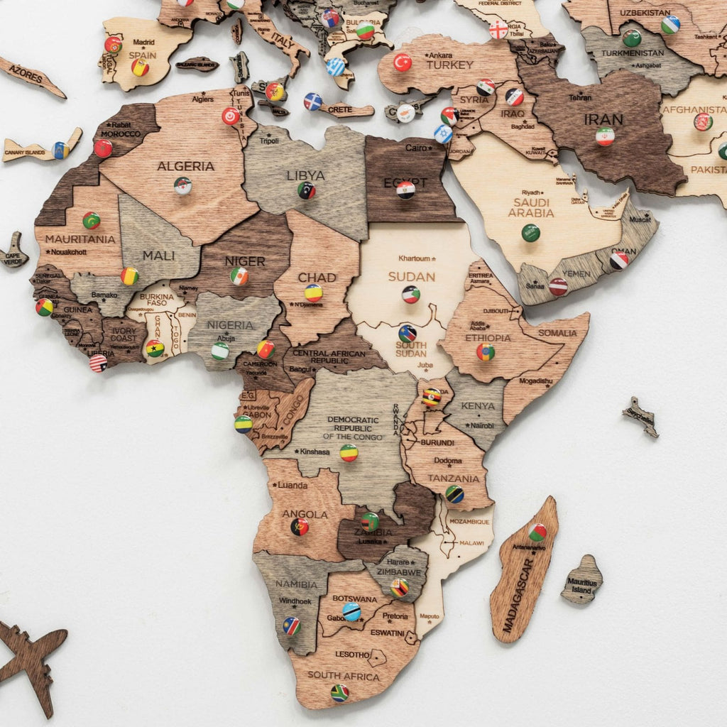 3D Wooden World Map Smokey Brown Minimalist Wall Art