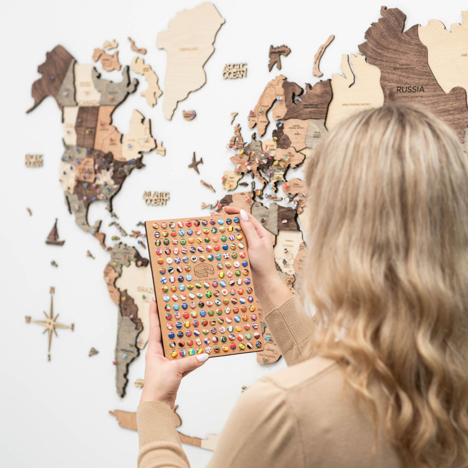 3D Wooden World Map Smokey Brown Minimalist Wall Art
