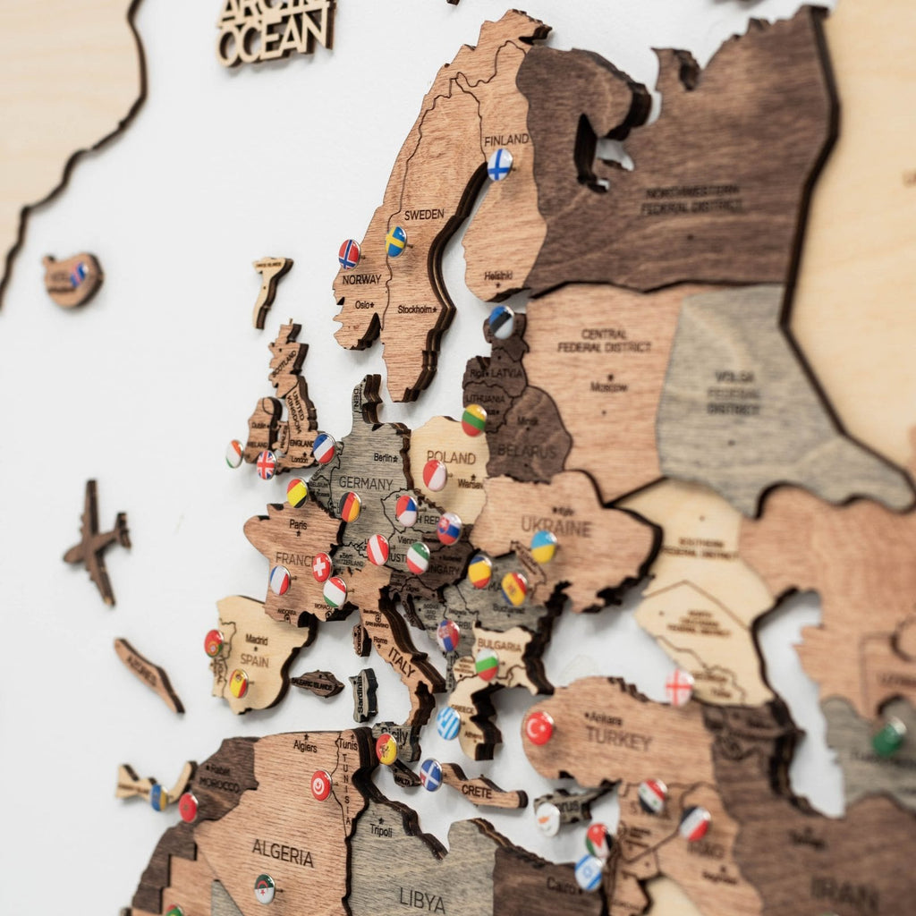 3D Wooden World Map Smokey Brown Minimalist Wall Art