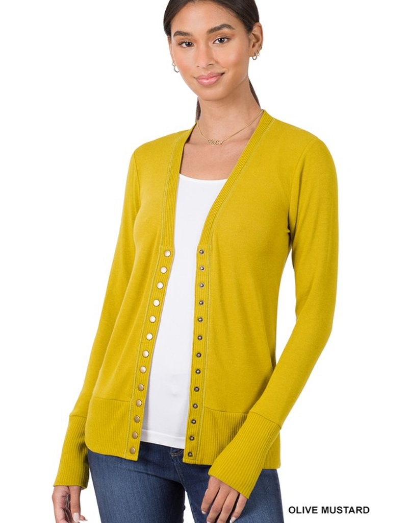 Olive Mustard long sleeve snap-front cardigan with a soft stretch knit texture