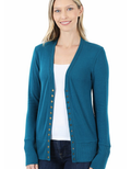 A teal long-sleeve cardigan with snap-front closure styled for a casual look