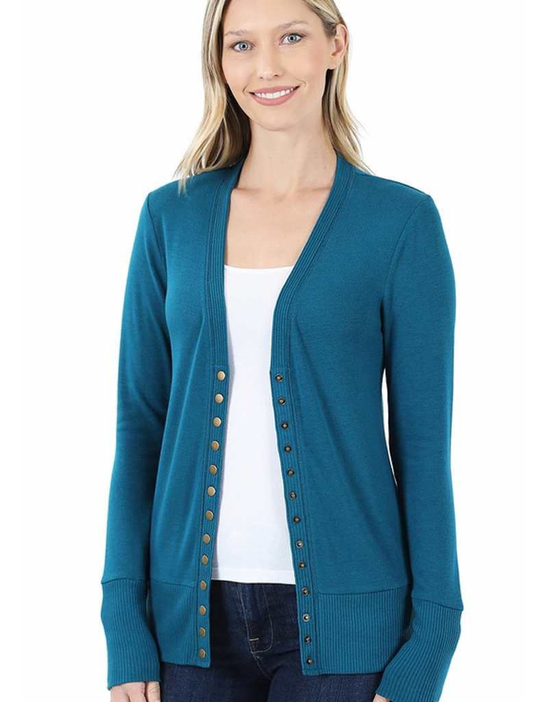 A teal long-sleeve cardigan with snap-front closure styled for a casual look