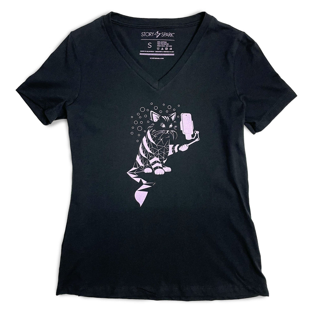 Women's Snap Cat V-Neck Graphic T-Shirt