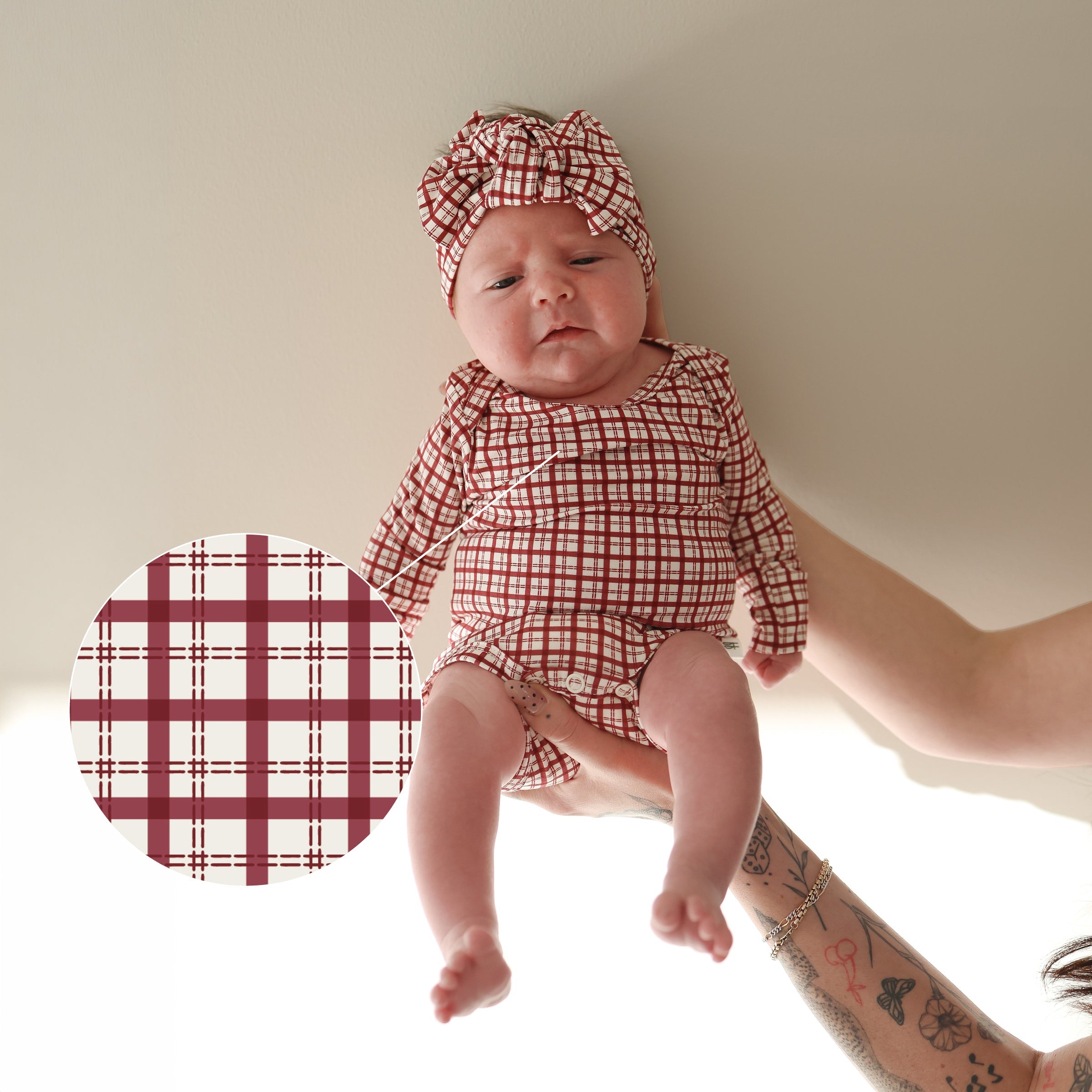 Long Sleeve Baby Bamboo Snapsuit in Red Window Pane Pattern - Image 2