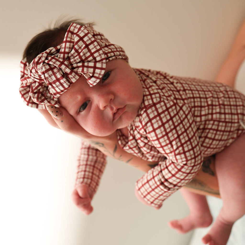 Long Sleeve Baby Bamboo Snapsuit in Red Window Pane Pattern - Image 3