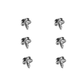 Close up of six silver snap screws with threaded ends on a white background