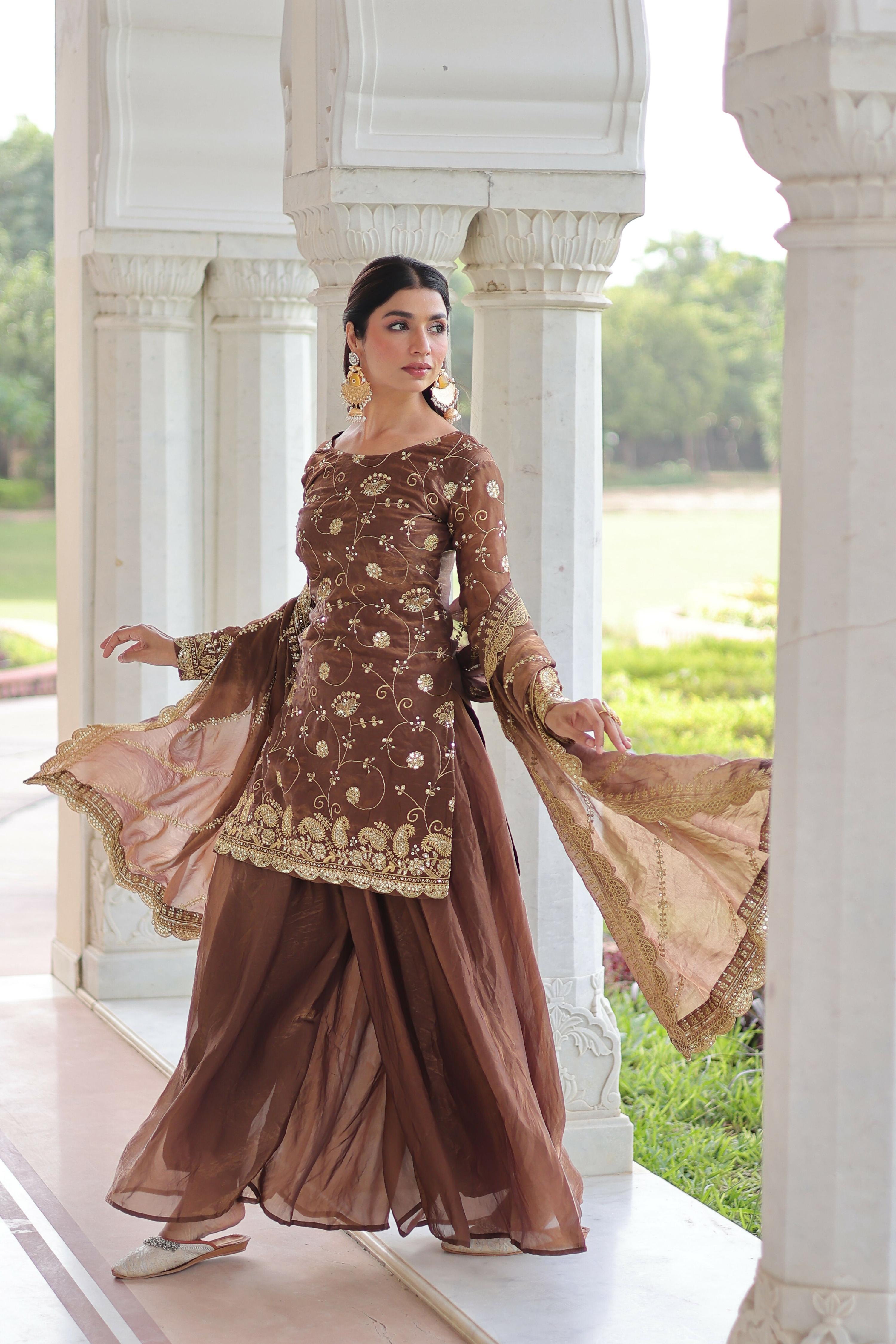 Coffee Silk Readymade Kurta Set with Sequins Embroidery Work