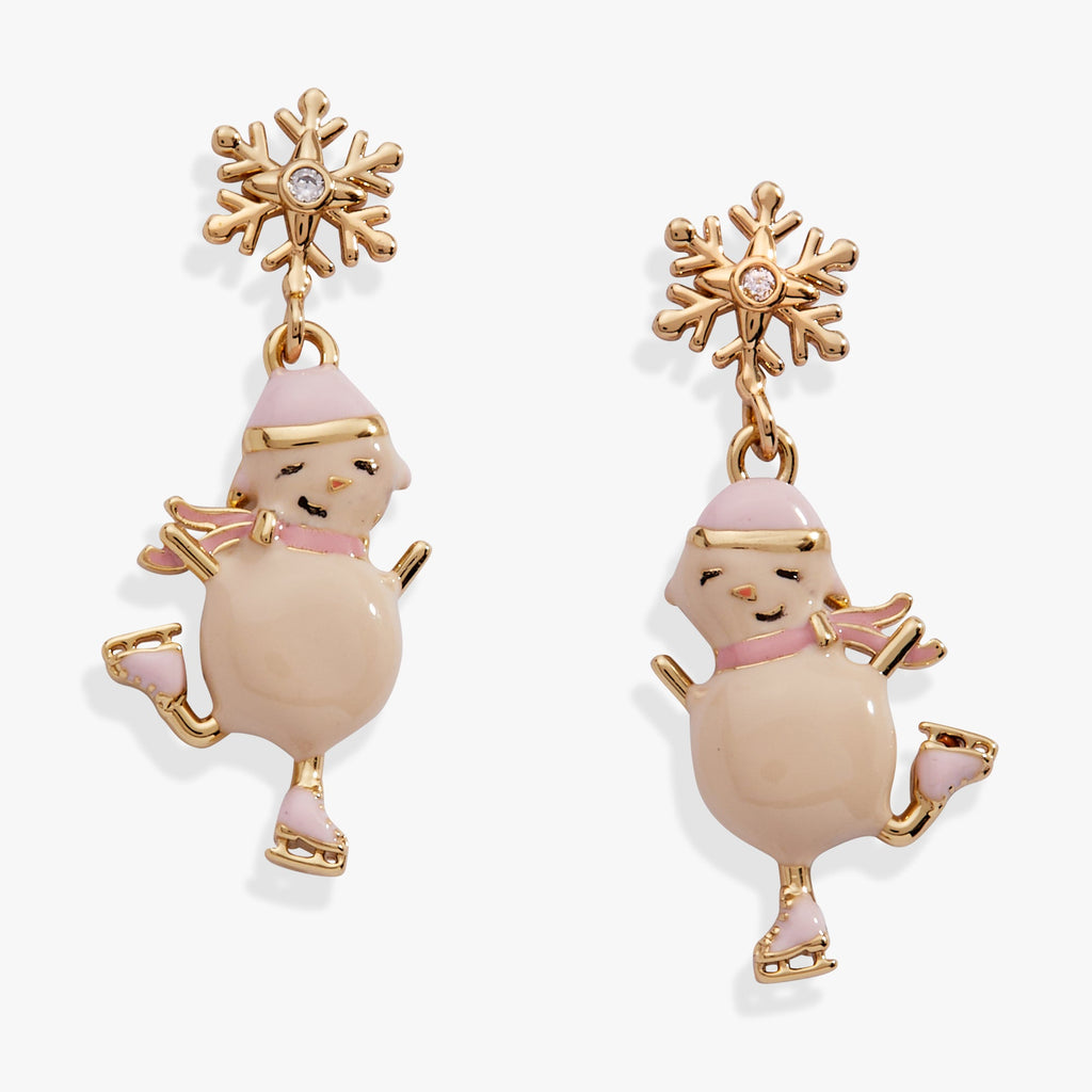 Winter Wonderland snowwoman drop earrings with enamel ice-skating detail and crystal snowflake stud