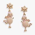 Winter Wonderland snowwoman drop earrings with enamel ice-skating detail and crystal snowflake stud