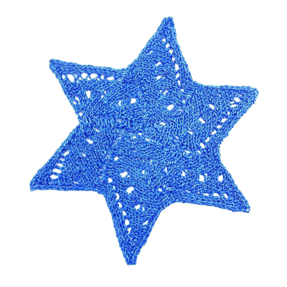 Vibrant royal blue knit fabric featuring a geometric Snow Star knitting pattern for home crafts.