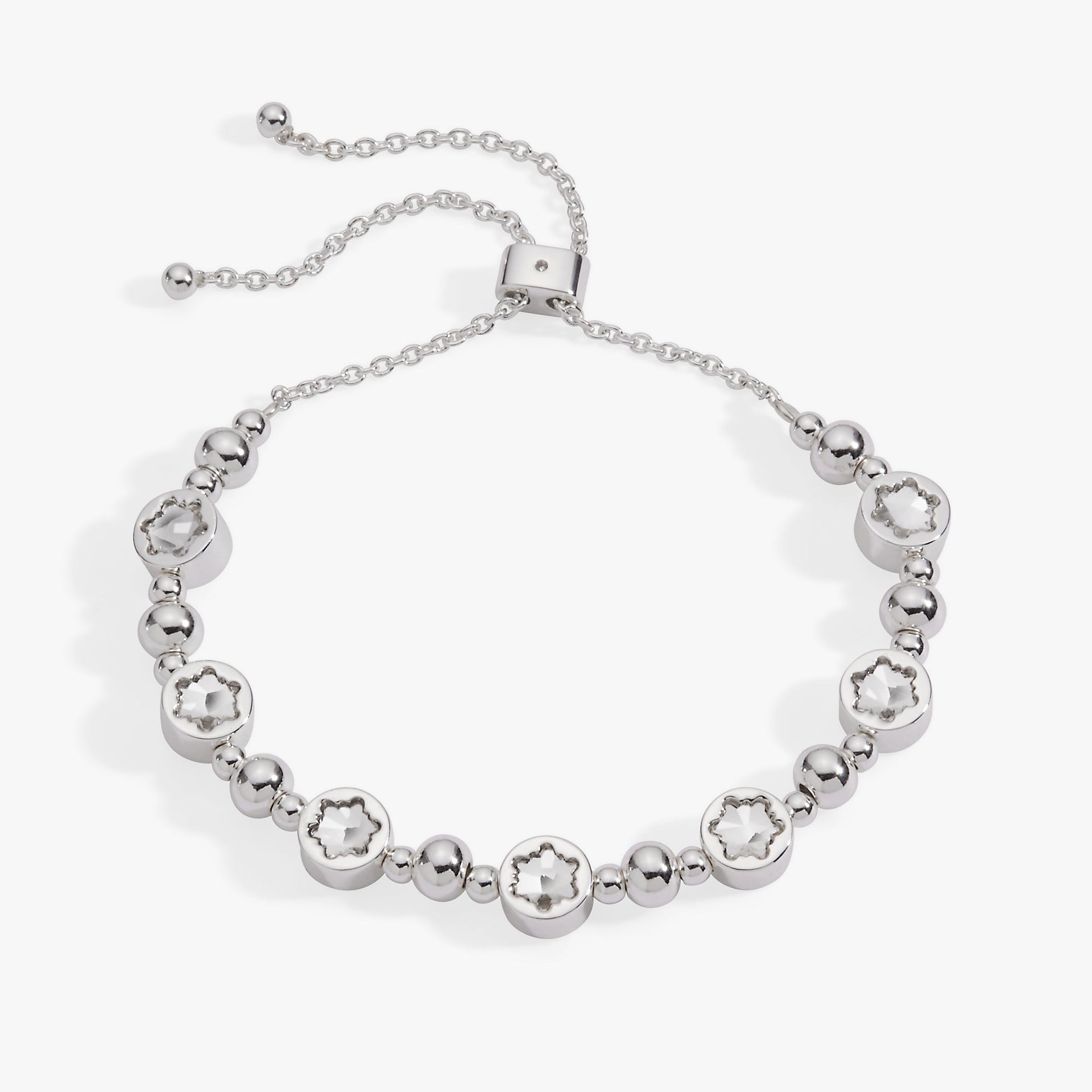 Crystal snowflake beaded bolo bracelet with adjustable sliding closure