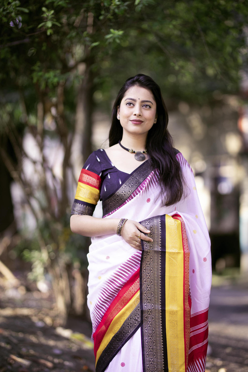 White Cotton Crepe Printed Saree with Elegant Zari Border
