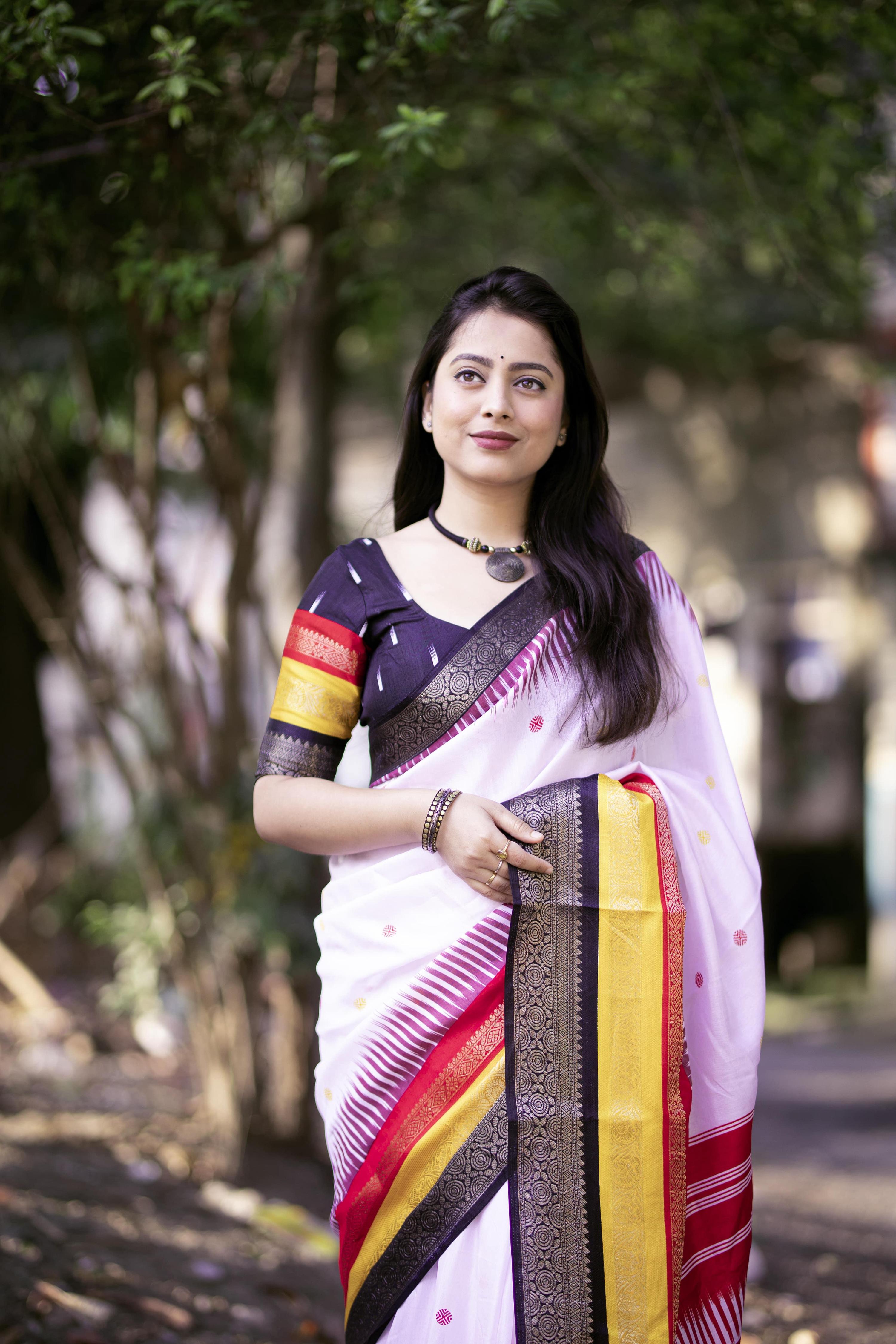 White Cotton Crepe Printed Saree with Elegant Zari Border