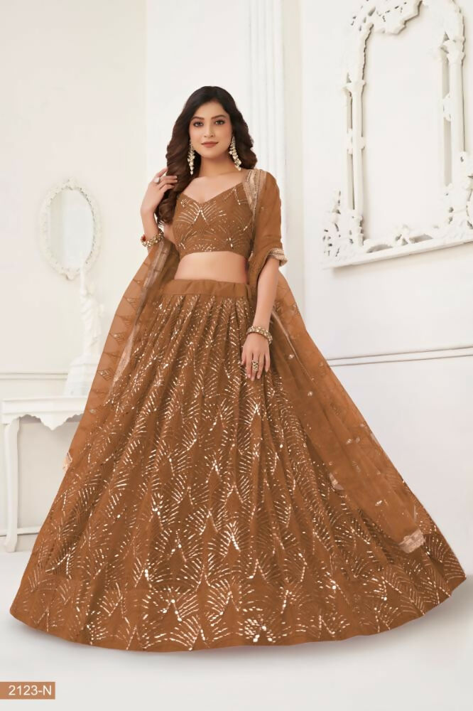 Brown Butterfly Net Lehenga with Original Mirror & Sequence Work