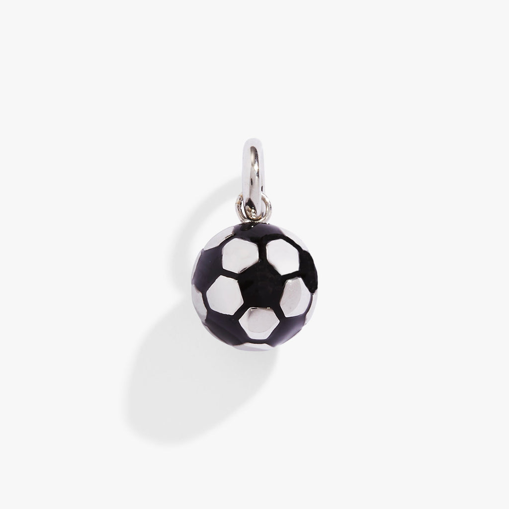 Polished silver stainless steel soccer ball charm with black crystal details.