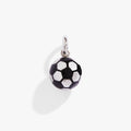 Polished silver stainless steel soccer ball charm with black crystal details.