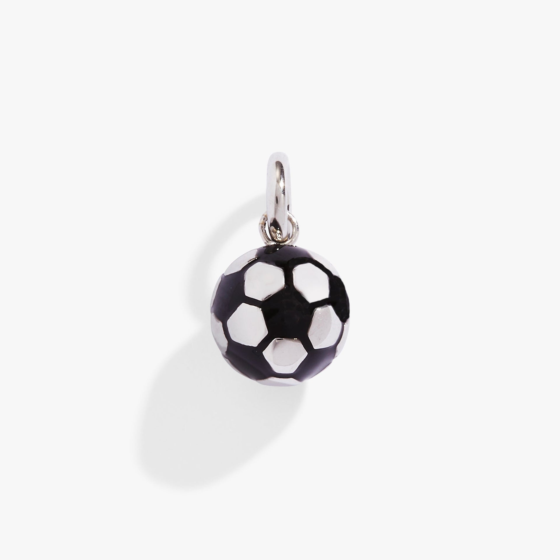 Polished silver stainless steel soccer ball charm with black crystal details.