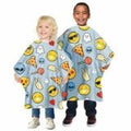 Gray kids shampoo cape featuring an emoji pattern with aliens, ghosts, and candy.
