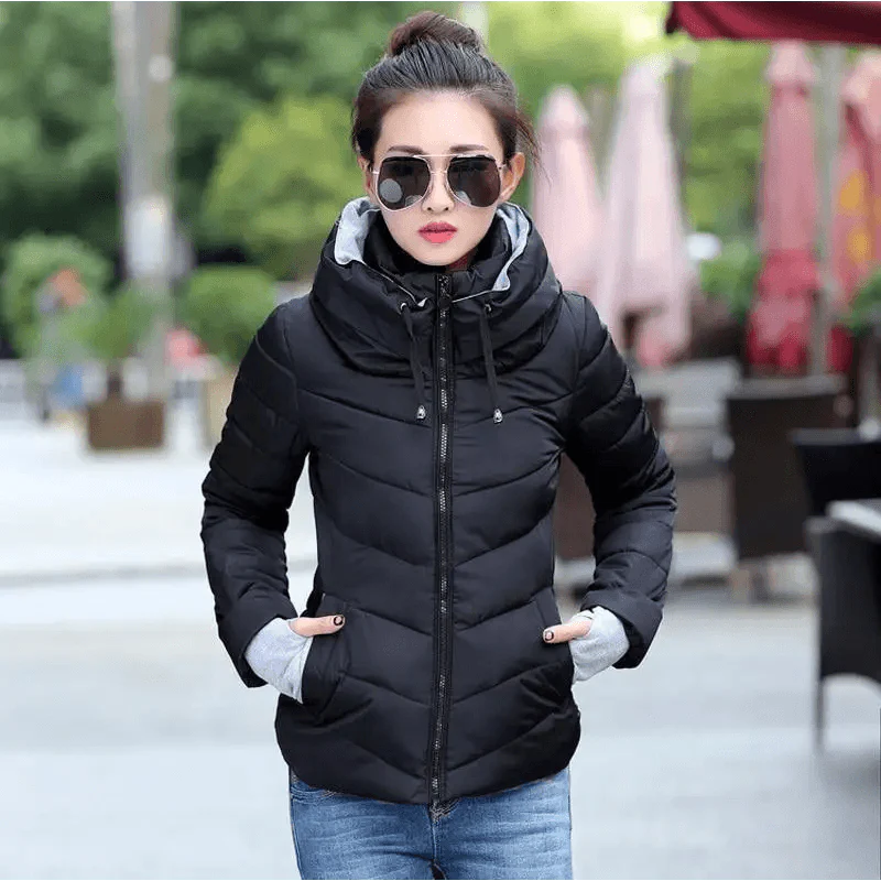 Women’s Short Hooded Padded Winter Jacket – Solid Sporty Outerwear