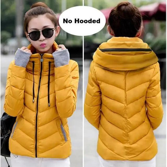 Women’s Short Hooded Padded Winter Jacket – Solid Sporty Outerwear