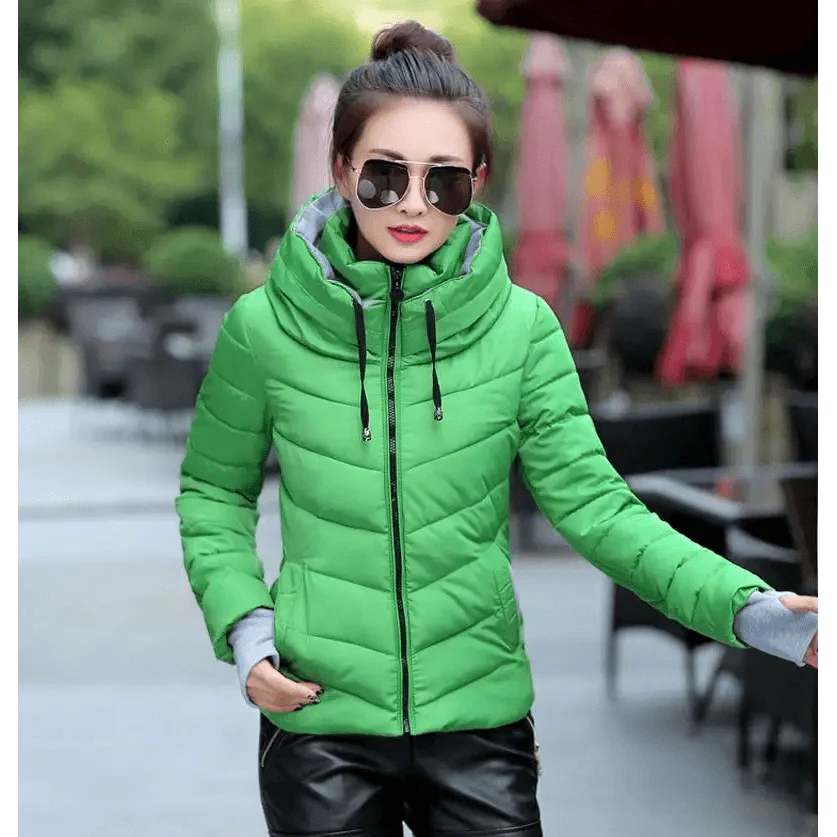 Women’s Short Hooded Padded Winter Jacket – Solid Sporty Outerwear