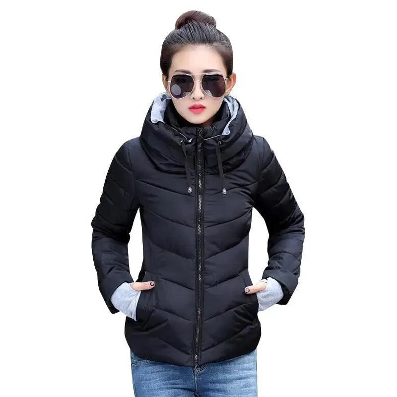 Women’s Short Hooded Padded Winter Jacket – Solid Sporty Outerwear