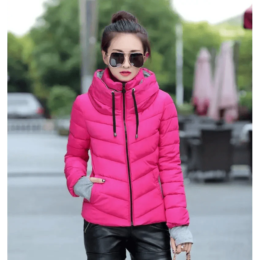 Women’s Short Hooded Padded Winter Jacket – Solid Sporty Outerwear
