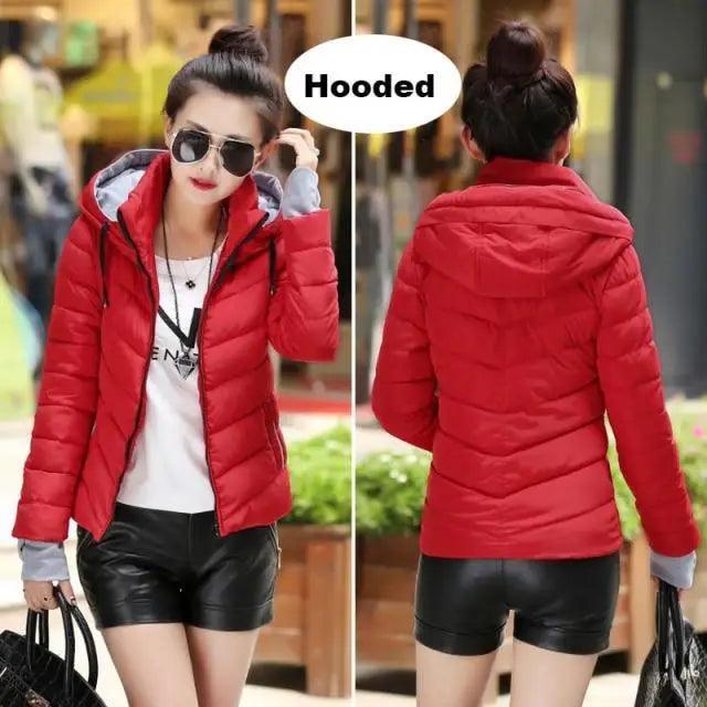 Women’s Short Hooded Padded Winter Jacket – Solid Sporty Outerwear