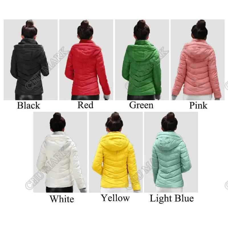 Women’s Short Hooded Padded Winter Jacket – Solid Sporty Outerwear