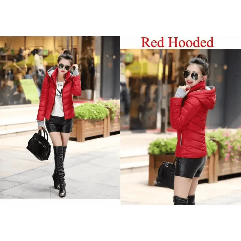 Women’s Short Hooded Padded Winter Jacket – Solid Sporty Outerwear
