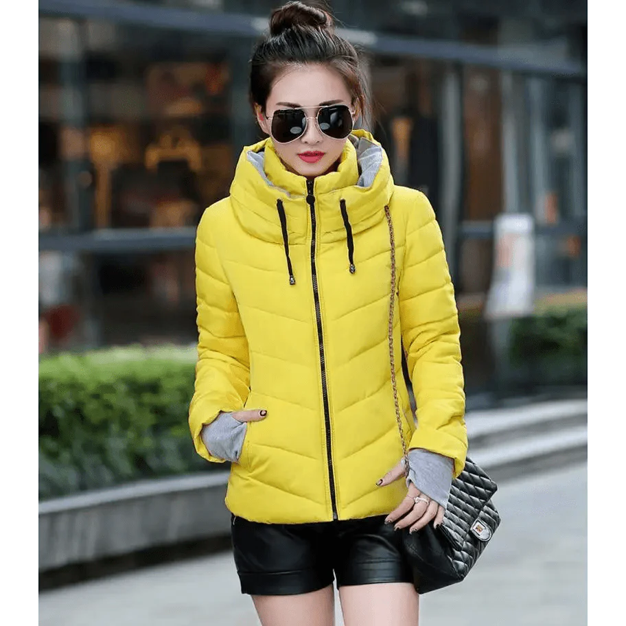 Women’s Short Hooded Padded Winter Jacket – Solid Sporty Outerwear