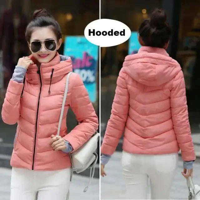 Women’s Short Hooded Padded Winter Jacket – Solid Sporty Outerwear
