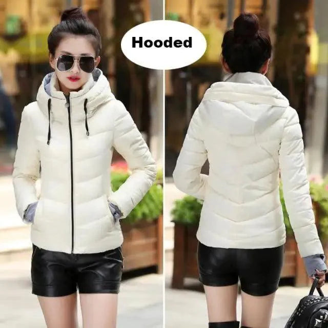 Women’s Short Hooded Padded Winter Jacket – Solid Sporty Outerwear