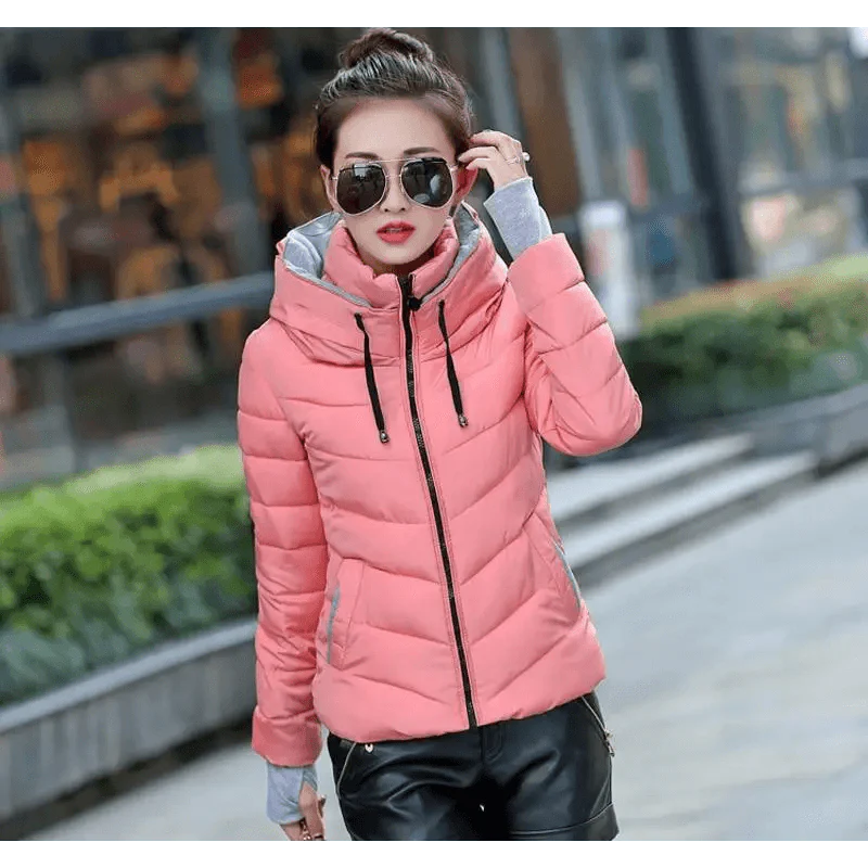 Women’s Short Hooded Padded Winter Jacket – Solid Sporty Outerwear