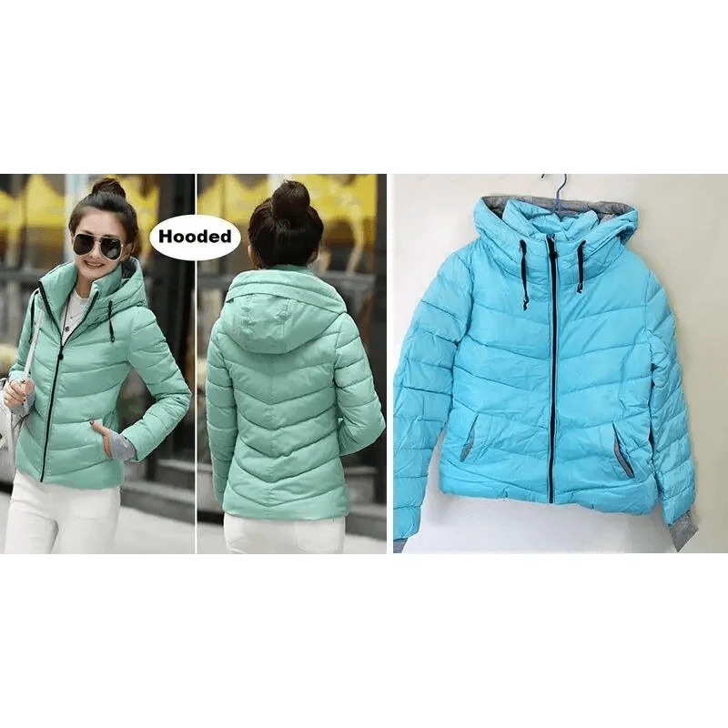 Women’s Short Hooded Padded Winter Jacket – Solid Sporty Outerwear