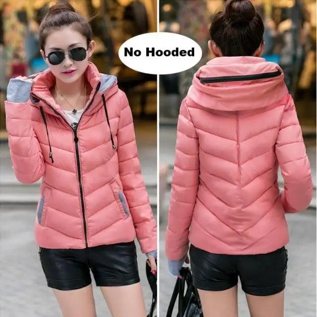 Women’s Short Hooded Padded Winter Jacket – Solid Sporty Outerwear