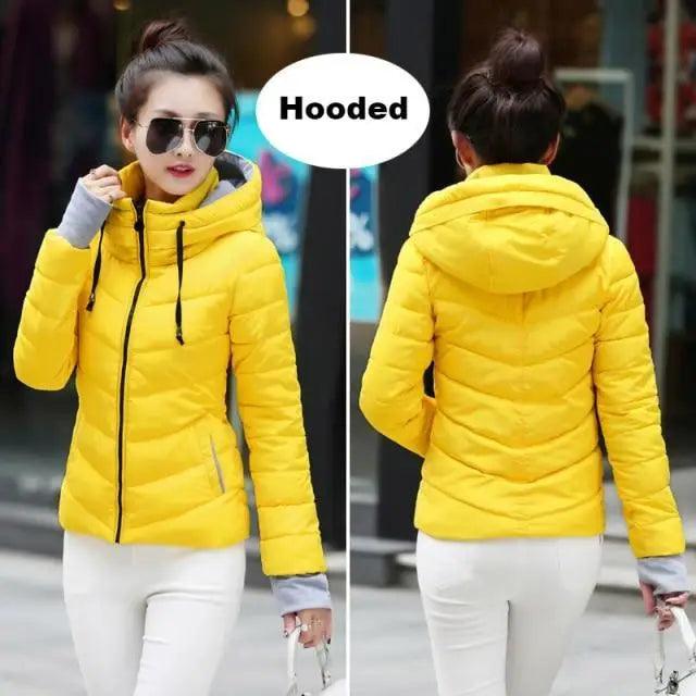 Women’s Short Hooded Padded Winter Jacket – Solid Sporty Outerwear