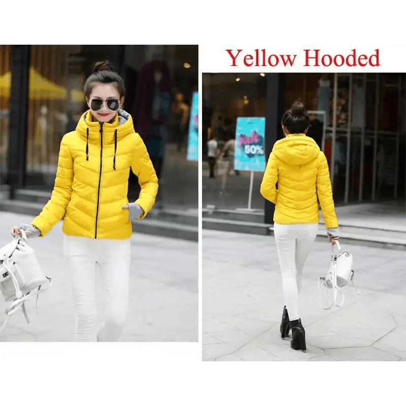 Women’s Short Hooded Padded Winter Jacket – Solid Sporty Outerwear
