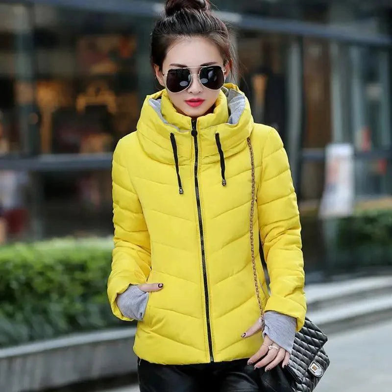 Women’s Short Hooded Padded Winter Jacket – Solid Sporty Outerwear