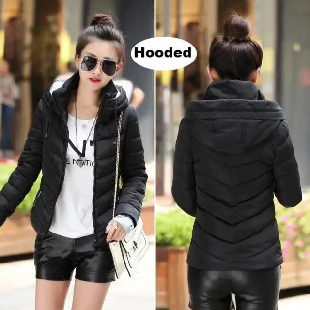 Women’s Short Hooded Padded Winter Jacket – Solid Sporty Outerwear