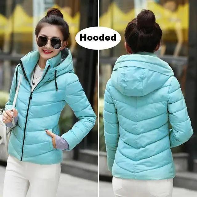 Women’s Short Hooded Padded Winter Jacket – Solid Sporty Outerwear