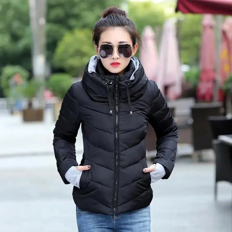 Women’s Short Hooded Padded Winter Jacket – Solid Sporty Outerwear