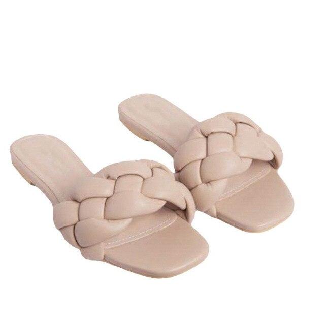 Woven Leather Flat Sandals - Minimalist Open Toe Slides for Women