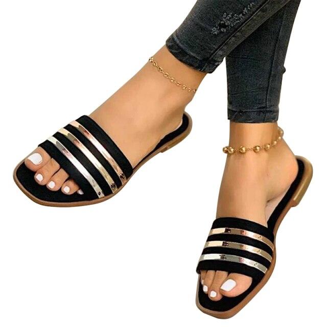 Woven Leather Flat Sandals - Minimalist Open Toe Slides for Women