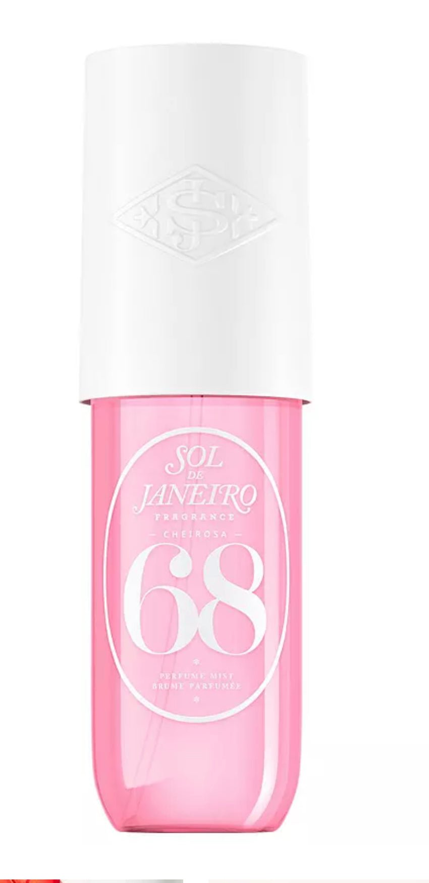 Bottle of Sol de Janeiro Brazilian Crush Cheirosa 68 Fragrance Mist against a tropical background