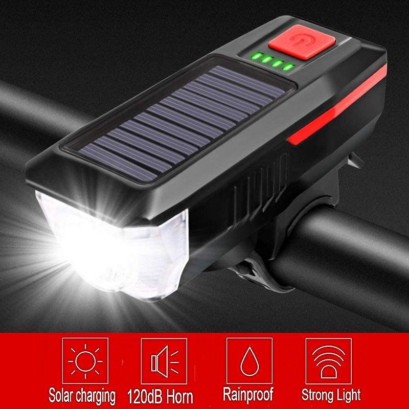 Stevvex solar-powered LED bike headlight with integrated horn and USB charging port