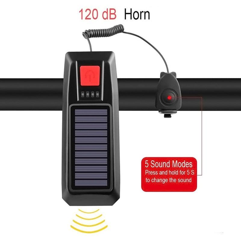 Solar Powered LED Bike Headlight with 140dB Horn & USB Charger
