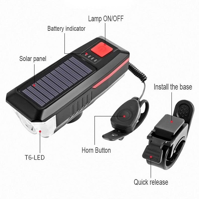 Solar Powered LED Bike Headlight with 140dB Horn & USB Charger